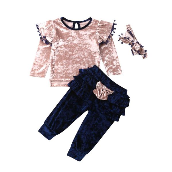 

toddler kids baby girl autumn clothes sets velvet ruffle bow long pants 3pcs outfit set 1-6y, White