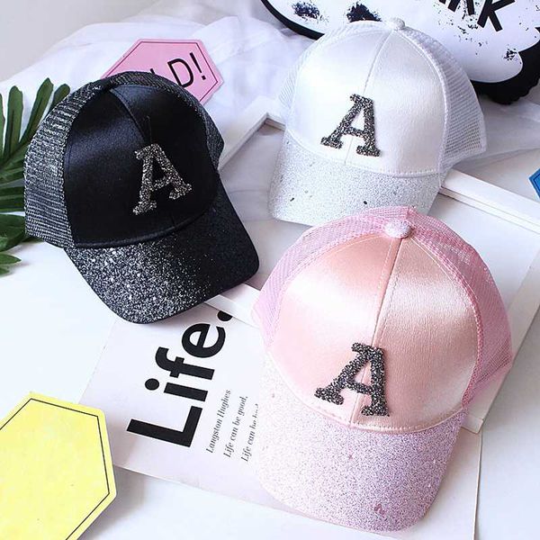 

3-8 years children baseball cap rhinestone letter baby hat kids cap summer girls mesh sun hats, Yellow