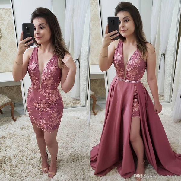 

2019 dusty rose prom dresses with detachable train v neck sleeveless side split evening gowns plus size lace applique beaded cocktail dress, Black;red