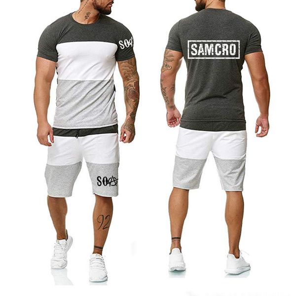 

2020 summer men's suit soa sons of anarchy child samcro printed splice short sleeve male t-shirt+pants suit 2pcs b