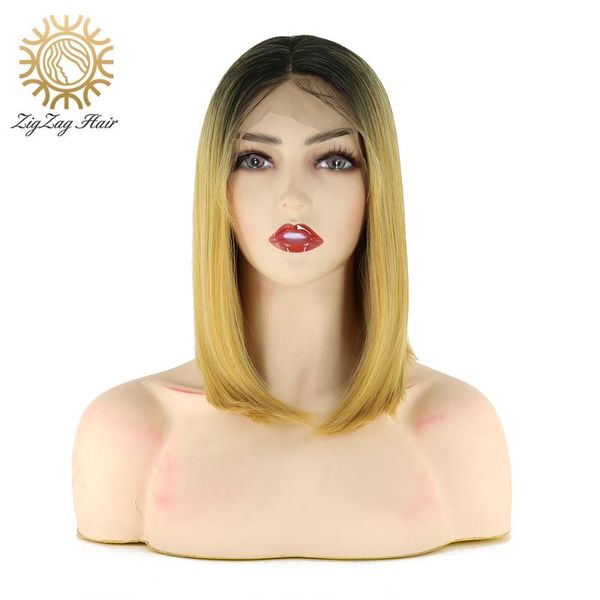 

zigzag black ombre golden brown synthetic lace front bob wigs short hair for black women with baby hair glueless middle part