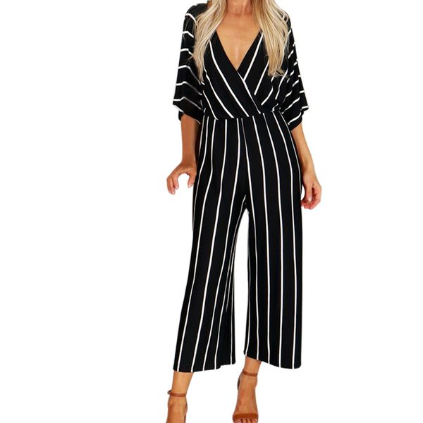 

srogem fashion striped deep v bodysuit rompers women jumpsuit loose playsuits macacao feminino mono mujer largo elegante 5, Black;white