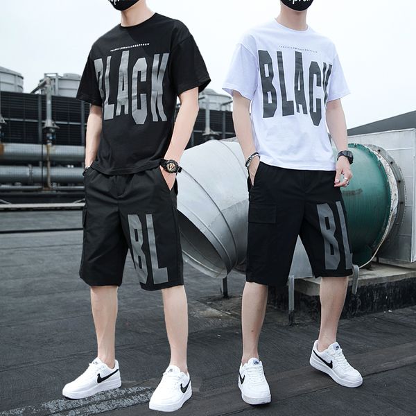 

chandal hombre new men's 2020 summer creative printing short-sleeved t-shirt set men shorts suit black white pantaloni tuta uomo, Gray