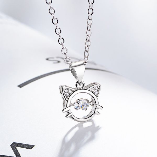 

wholesale-smart cat necklace korean version movable clavicle chain, Silver