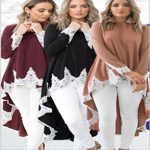 

annual printing irregular hem long sleeve annual printing lace t-shirt lace irregular hem long sleeve t-shirt, White