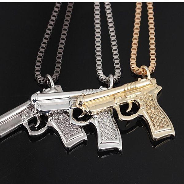 

punk rock submachine gun pistol pendants necklaces hip hop creative fashion jewelry women men gift accessories collier party, Silver