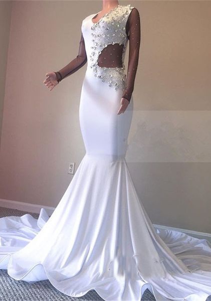 

Elegant White Mermaid Prom Dresses 2019 Crystal Evening Gowns Elastic Satin Long Sleeves Formal Party Dress Cheap