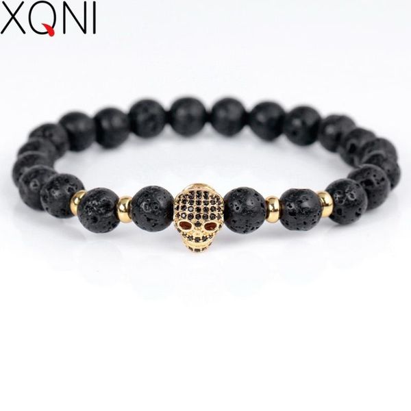 

diy new fashion retro strand lava beads stone bracelets for men classic mini cz skull charm bracelets jewelry, Black