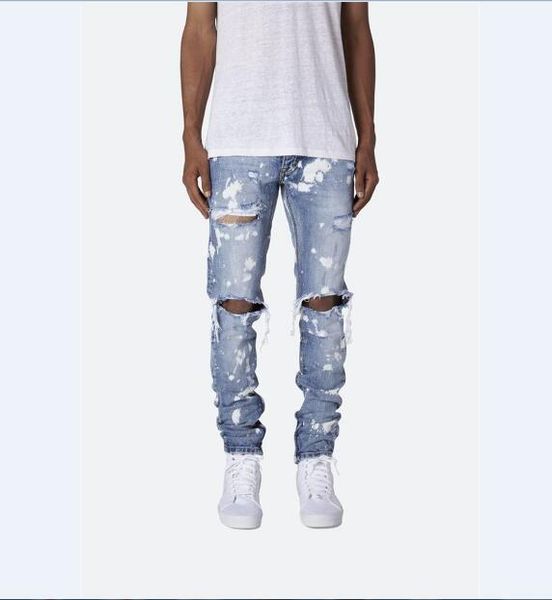 

men jeans stretch destroyed ripped paint point fashion hole washed slim fit skinny jeans for men, Blue