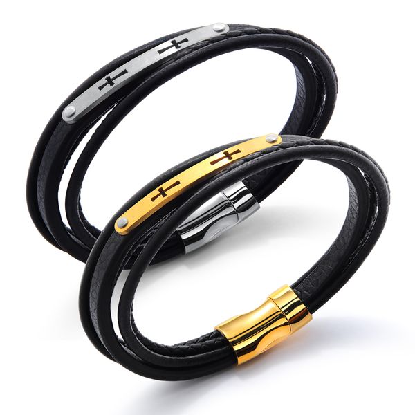 

pu leather bracelets for men sliver gold stainless steel retro style cross hand chain mens jewelry for boys gifts, Golden;silver