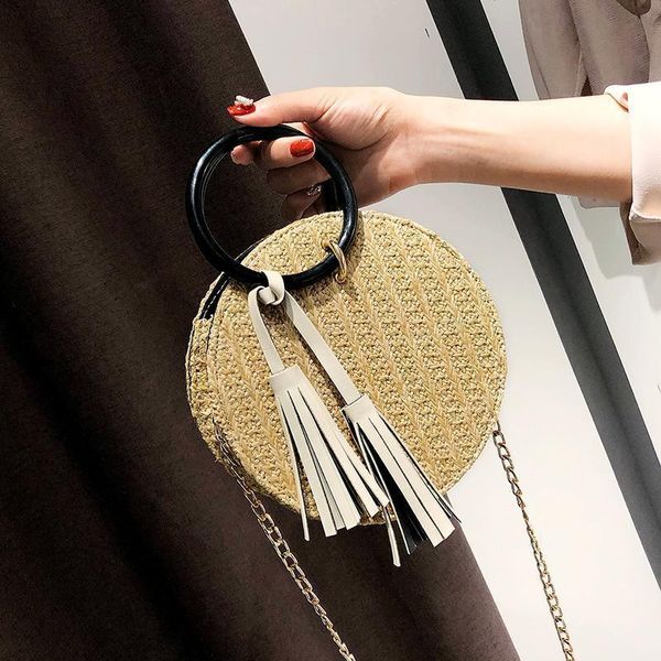 

2 bag 2019 summer fashion new handbag hand-woven straw female round phone bag portable beach bags chain shoulder bag