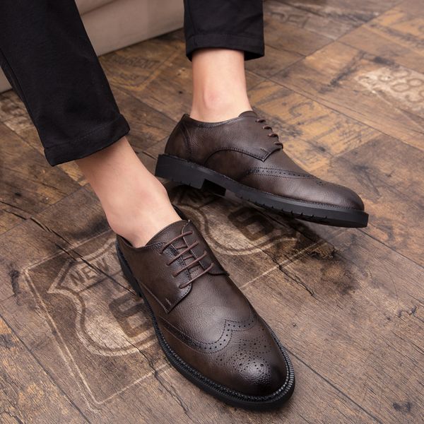 

sharcpclaw men business dress shoes leather brogues british style vintage men leather shoes pointed toe lace-up tenis, Black