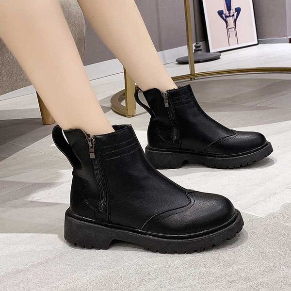 

lady boots booties woman 2019 low heel shoes winter footwear lace up luxury designer round toe ladies 2020 autumn mid-calf genui, Black