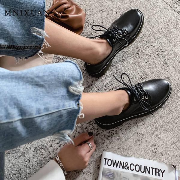 

mnixuan korean women comfortable shoes 2019 new round toe lace up flats oxford black platform ladies big size  42 shoes white