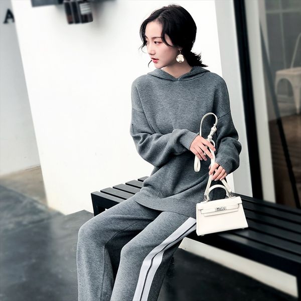 

f/w trousers wool letter hooded lazy + trousers wool knitted suit women's two-piece set, White