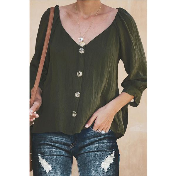 

green 3/4 ruffled sleeve casual shirts button down blouse, White