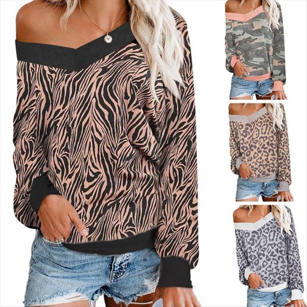 

autumn 2019 long sleeve v-neck leopard t-shirt shoulder strap lantern print lantern sleeve strapless t-shirt women's wear, White