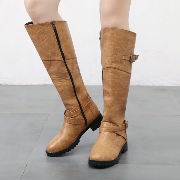 

designer half knight knight boots round toe plus size shoes women chunky heels with buckle 4 colors solid booties, Black