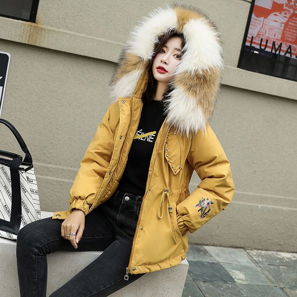 

2019 new printing big wool collar cotton coat winter clothes cotton-padded clothes trendy thin cotton-padded jackets coat, Black