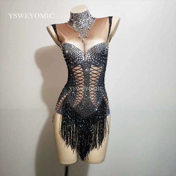 

dance costume black tassel bodysuit sleeveless big stretch women's party prom bar outfit stage female singer show romper, Black;red