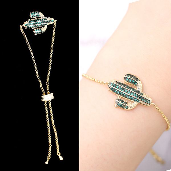 

summer new cactus bracelet women simple simple wild zircon plant elements pull-out bracelet adjustable bracelet jewelry, Golden;silver