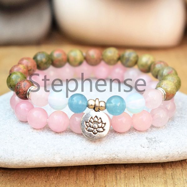 MG0629 Braccialetto di loto al quarzo rosa da donna Set Bracciale Yoga Unakite acquamarina di alta qualità Bracciale Chakra Mala con cuore di vendita calda