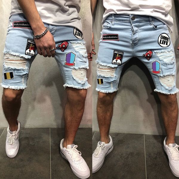 

summer fashion mens ripped jeans skinny shorts jeans destroyed frayed denim cartoon attach biker short knee length trouser, Blue
