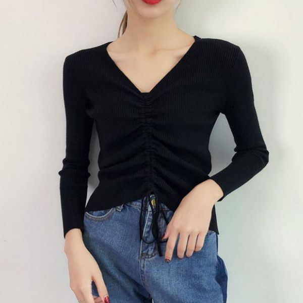 

ladies sweater autumn and winter v-neck slim versatile long-sleeved sweater pullover solid color drawstring knit top, White;black