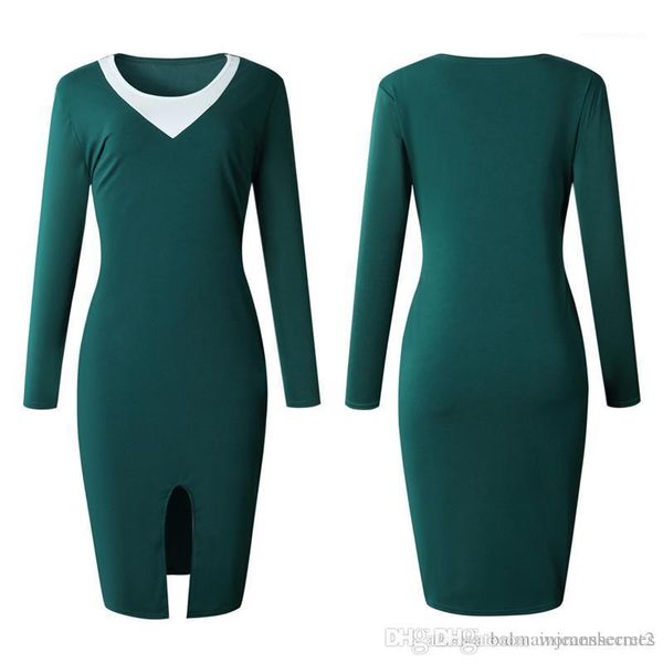 

crew neck dresses with split ladies ol dress autumn womens panelled pencil dress womens, Black;gray