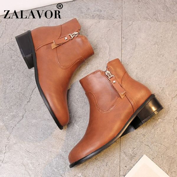 

zalavor new women ankle boots round toe zipper flats shoes winter keep warm fur black boots women footwear plus size 34-46