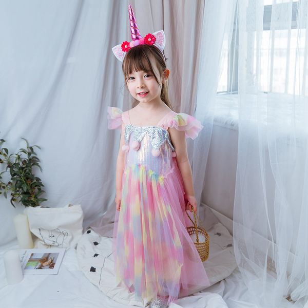 

retail kids designer dress girls flying sleeve sequins unicorn rainbow princess dress with fur ball baby girl pleated party costume cosplay, Red;yellow