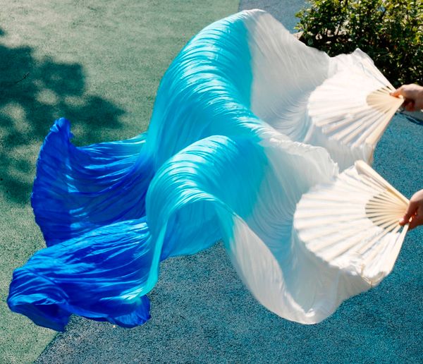 

2018 silk belly dance fan dance 100% real silk veils left+right white+turquoise+royal blue fast delivery, Black;red