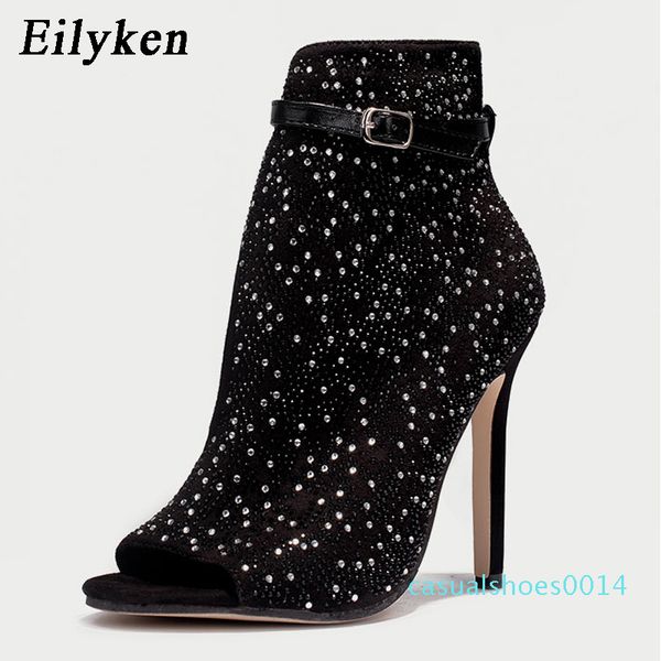 

eilyken 2020 new women crystal sandals ankle straps buckle transparent cover heel pumps ladies sandals party shoes size 35-43 c14, Black