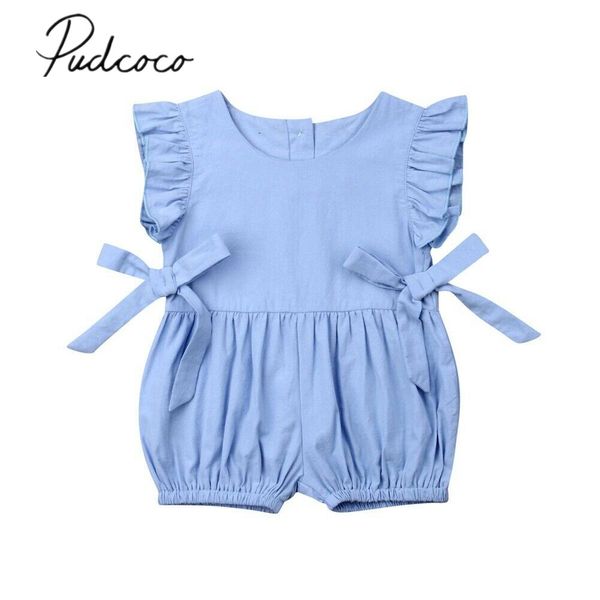

2019 baby summer clothing newborn girl baby kids cotton solid ruffle sleeveless romper jumpsuit casual bowknot playsuit outfits, Blue