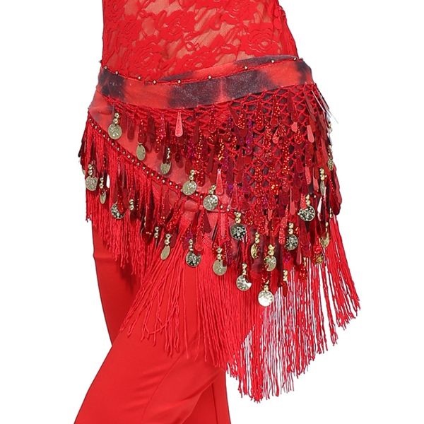 

coins sequin bling belly dance skirt dancing costume wrap hip scarf belt belly dance clothes accessories long tassel triangle be, Black;red
