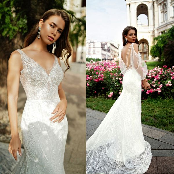 

modest mermaid wedding dresses v neck sleeveless tulle lace applique crystal detachable wedding gown sweep train custom robe de mariÃ©e, White