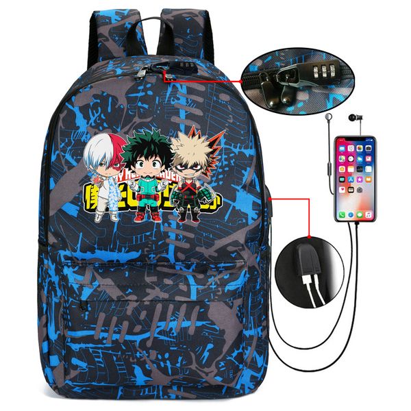 

my hero academia college backpack with usb charging student backpack computer bag with password lock