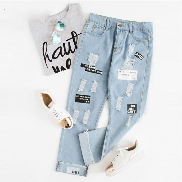 

women pants women jeans twill letter print ripped jeans new fashion spring button fly mid waist women trousers blue pocket casual jeans