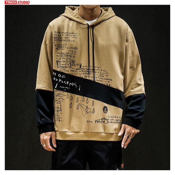 

dropshipping mens japanese hooded cotton sweatshirt streetwear patchwork fake two pieces hoodies casual male pullover, Black
