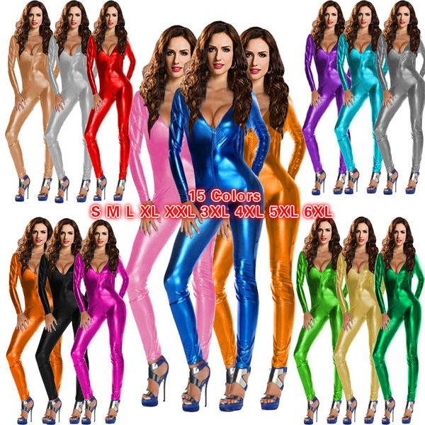 15 cores mulheres sexy pólo dançando macacão manga longa profunda v-pescoço de v-pescoço brilhante raio de couro zíper Catwoman cosplay fantasia