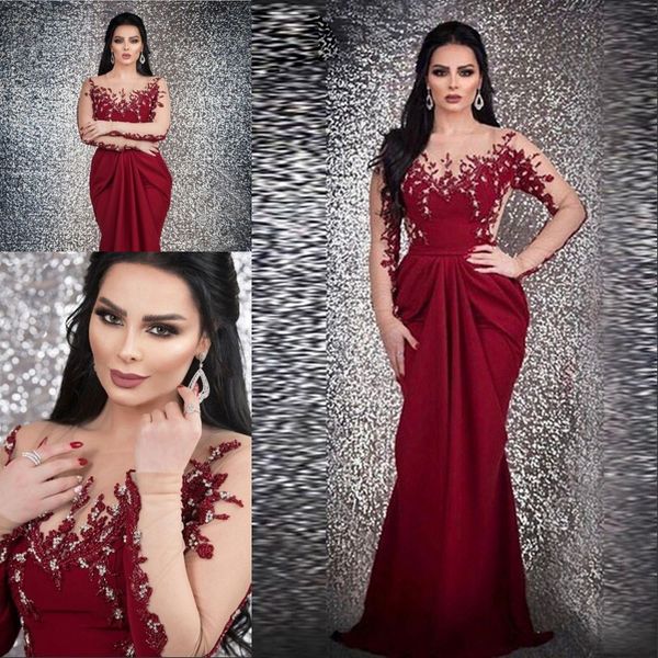 

new long sleeves burgundy prom dress mermaid 2020 robe longue kaftan dubai formal party gowns sheer jewel neck illusion robe de soiree, Black