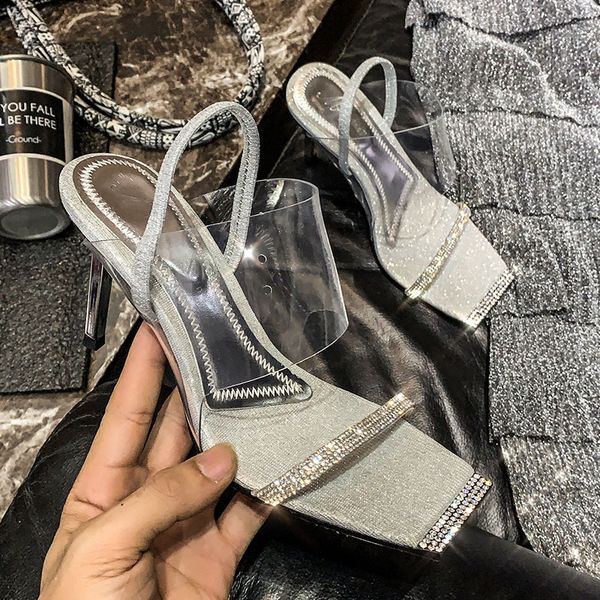 

classics sandal summer women sandals crystal transparent shoes narrow band vintage square toe high heel buckle strap big size 42, Black