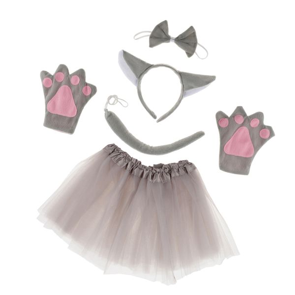 

5pcs/set girls animal costume wolf ears headband bowtie tail tutu paws set, Silver