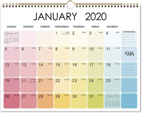 

2020 calendar - 12 monthly wall calendar 2020 with thick paper, 15" x 11.5", jan - dec, two-wire binding, blank blocks with julian
