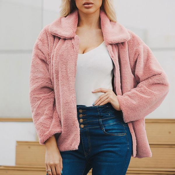 

2019 winter solid отложной воротник куртки шерсти женщин вскользь outwear искусственного меха пальто и куртки женские s-3xl пальто, Black
