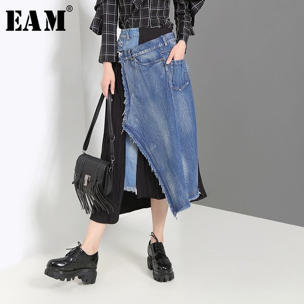 

eam] denim spliced pleated irregular high waist denim half-body skirt black women fashion tide new spring autumn 2020 jz265, Black;gray