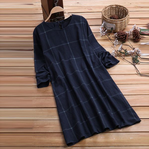 

Womens Dress Plus Size Dress O -Neck Casual Women Loose Plaid Long Sleeve Vintage Dress Large Sizes Elegant Party Dresses Vestido