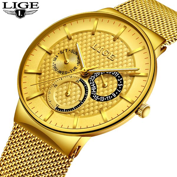 

2019 lige men's sports quartz watch date simulation men's watch stainless steel mesh waterproof relogio +box, Slivery;brown