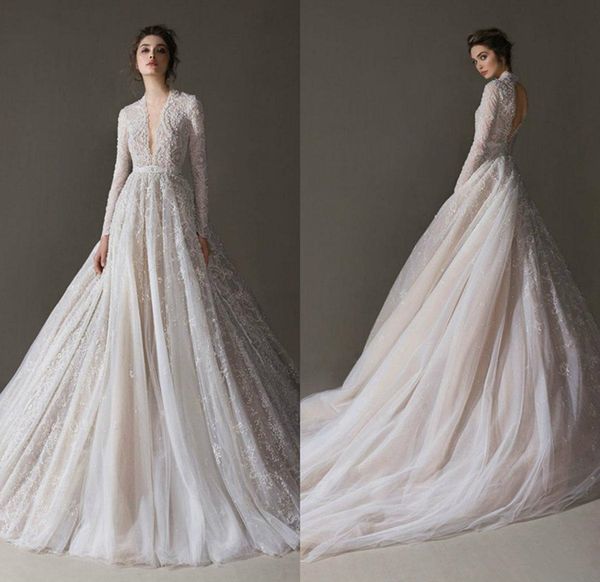 2020 Ersa Atelier Свадебные платья V шеи Линия Hollow Назад длинным рукавом Vestidos De Novia Bohemian Свадебные платья Бич свадебное платье