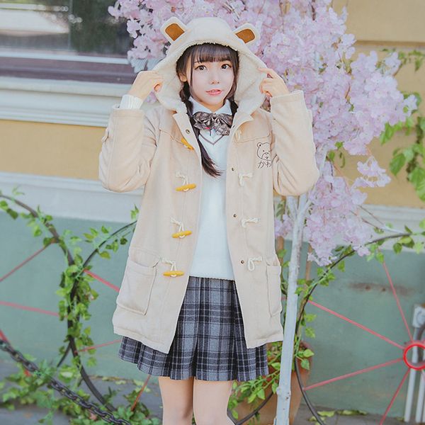 

winter women hooded wool coat with velvet sweet bear embroidery horn button slim woolen blend pocket beige long coats t672, Black